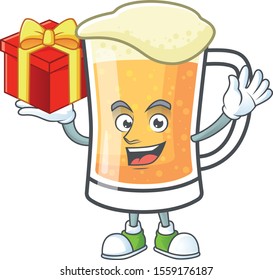 Cartoon a mug of beer bring gift mascot.