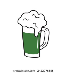 Cartoon mug of beer butter ale with foam for Saint Patrick's day celebration isolated on white. Hand drawn vector sketch illustration in doodle cartoon flat style. Bar concept, beverage, magic, luck