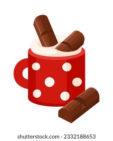 Cartoon mug of christmas hot chocolate with whipped cream and chocolate pieces. Christmas drink, cocoa or coffee in a red mug with polka dots. Vector illustration isolated on white background.