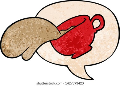 cartoon mug of coffee with speech bubble in retro texture style