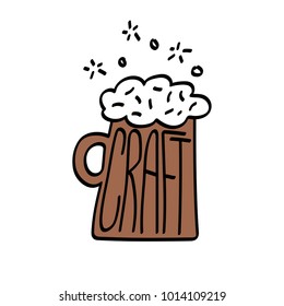 cartoon mug with dark beer foam and inscription Craft. isolated