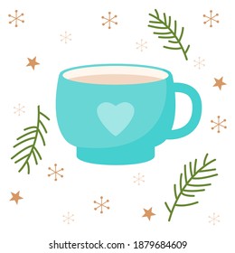 Cartoon mug with heart. Christmas background. Vector.