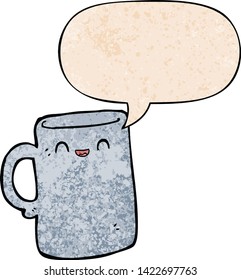 cartoon mug with speech bubble in retro texture style