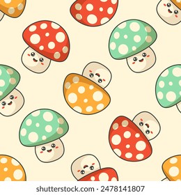 Cartoon multi colored agaric mushrooms with black outline and smiling faces. Vector seamless pattern in soft pastel retro colors.