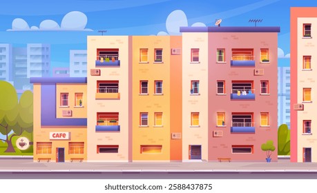 Cartoon multi storey building. City residential house apartment with balcony outside, buildings street condominium architecture promotion background swanky vector illustration original artwork