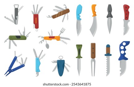 Cartoon multi-ferramentas e facas. Ferramentas de sobrevivência, equipamento para piquenique, campismo, caça ou pesca. Arma fria, elementos de autodefesa, clipart de vetor neotérico
