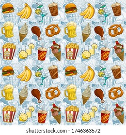 Cartoon multicolor blue silhouette fast food and drinks stickers. Pop art. Burger and soda. Beer and coffee. Ice cream and popcorn. On green background. Vector seamless pattern.