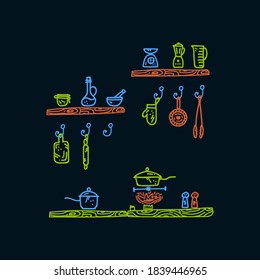 Cartoon multi-color set of Kitchen Doodle icons. Vector collection of cooking in a cafe: cooking food, kitchen utensils, pots, pans, spoons, knives, buckets, combines, mixer, wall painting linear art