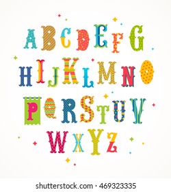 Cartoon multicolored alphabet - retro style ornate typeface. Vector illustration. Font set.