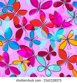Cartoon multicolored butterflies. Seamless pattern. Colorful summer vivid background. Vector illustration.