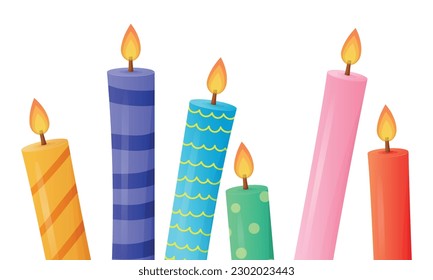 Cartoon multicolored candles with fire. Vector holiday banner or gift card.