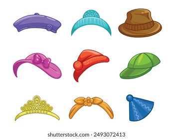 Cartoon multi-colored headdresses on a white background. Hat, bandana, beret, crown, cap, headband, cap for photomontage.