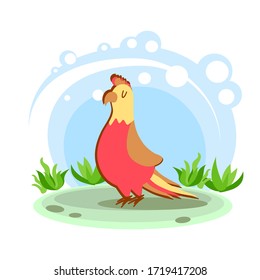 Cartoon multi-colored parrot. Wild bird of the tropics. Stylized character in a location in a clearing. simplified style. Vector stock illustration. educational card for children. Wildlife. zoo