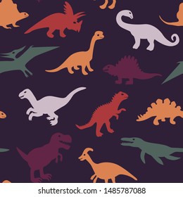 Cartoon multi-colored silhouettes of giant prehistoric dinosaurs. Seamless vector pattern for children