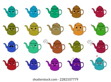 Cartoon multicolored teapots with different facial expressions. Kawaii Colorful cartoon vector illustration. Character in flat design.