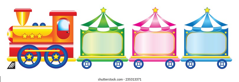 Cartoon multicolored toy train with three wagons on white background