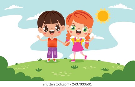 Cartoon Multicultural Kids Holding Hands