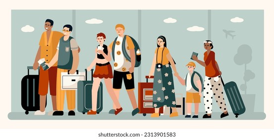 Cartoon multicultural tourists with luggage waiting in line to register tickets at airport. Different passengers travel aboard by plane. Flat vector illustration in blue and yellow colors