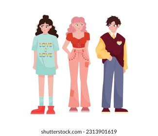 Cartoon multigender people supporting lgbt pride. Group of gay, lesbian, bisexual activists. Pride parade against violence and discrimination. Vector illustration