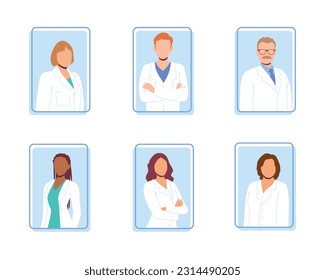 Cuestionarios multinacionales de caricatura para médicos sin rostro en internet. Especialistas en consultas en línea a pacientes. Trabajadores de medicina en línea. Ilustración del vector