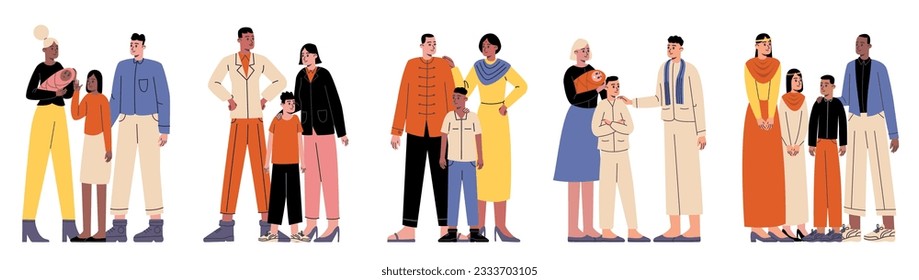 Cartoon multinational families. Multicultural people in traditional costumes. Multiracial parents with children standing together. Different skin color. Diversity couples