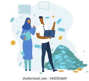 Cartoon Multiracial People Characters Team Work with Laptop and Earnings Data Report. Office Afro-American Man and Arabian Woman Stand by Money Pile. Financial Success Metaphor Vector Illustration