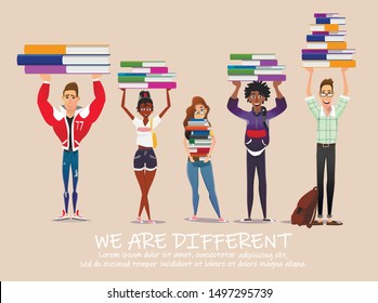 Cartoon Multiracial People Group. Male Female Teenagers Holding Textbooks Stacks. Education for Everyone. Student Exchange Program. We are Different Wisdom Lettering Poster. Vector Flat Illustration