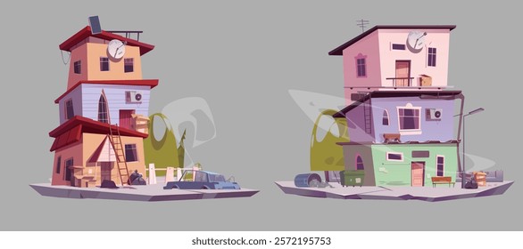 Cartoon multistorey abandoned buildings with rundown elements. Antenna, broken stairs, old cars and scattered trash near structures. Game environment assets with urban ghetto decay on platform.