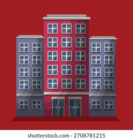 Complejo de edificios de varios pisos de dibujos animados vibrantes fachadas rojas y púrpuras con numerosas ventanas, un moderno apartamento urbano o bloque de oficinas en estilo de ilustración de diseño plano