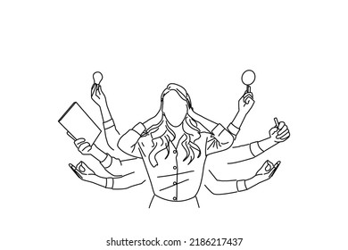 Cartoon of multitask businesswoman sat at the desk in the office. Outline drawing style art
