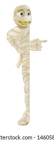 A cartoon mummy character peeping round a Halloween banner or sign and pointing at its contents