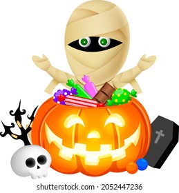 Cartoon mummy character and scared pumpkin with candle inside. Trick or treat, Halloween concept illustration.