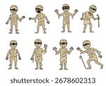 Cartoon Mummy Characters Collection in Various Poses for Halloween and Ancient Egypt Themes