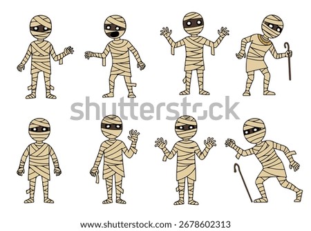 Cartoon Mummy Characters Collection in Various Poses for Halloween and Ancient Egypt Themes