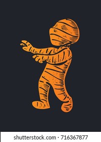 Cartoon mummy. hand drawn orange silhouettes on black background. isolated vector for design of greeting cards and decoration of black walls for Halloween