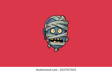 Cartoon mummy head with wide eyes and large teeth.