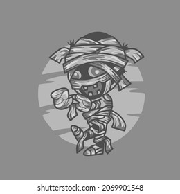 Cartoon mummy monster character, Halloween costume vector on grey