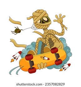 Cartoon mummy monster character rides a skateboard, waving. Halloween costume vector isolated on white.