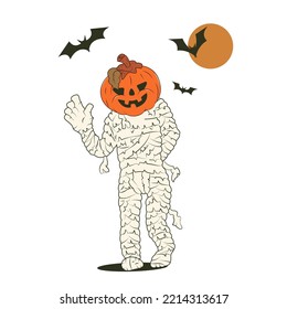 Cartoon mummy with pumpkin head waving. Bats fly against the backdrop of the full moon. Halloween holiday concept. Stock vector illustration of halloween mummy. Isolated white background.