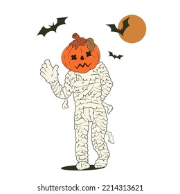 Cartoon mummy with pumpkin head waving. Bats fly against the backdrop of the full moon. Halloween holiday concept. Stock vector illustration of halloween mummy. Isolated white background.