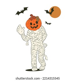 Cartoon mummy with pumpkin head waving. Bats fly against the backdrop of the full moon. Halloween holiday concept. Stock vector illustration of halloween mummy. Isolated white background.