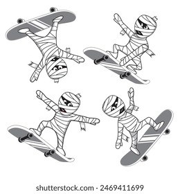 Cartoon mummy skateboarding. Set Vector illustration.