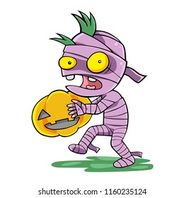 cartoon mummy walking pumpkin