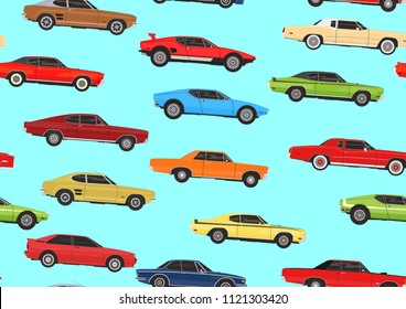 Cartoon muscle cars. Seamless pattern background. Flat vector.