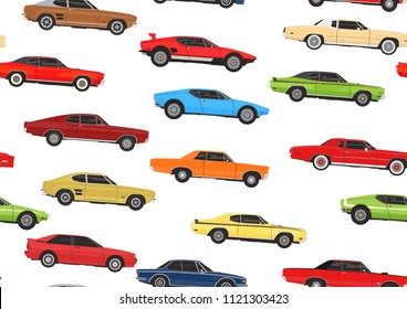 Cartoon muscle cars. Seamless pattern background. Flat vector.