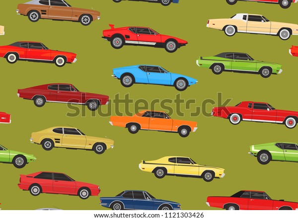 Cartoon muscle cars. Seamless pattern background.
Flat vector.