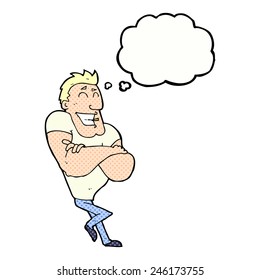cartoon muscle guy with thought bubble