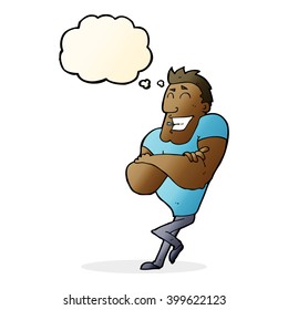 cartoon muscle guy with thought bubble