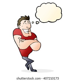 cartoon muscle guy with thought bubble