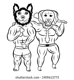Cartoon Muscle Labrador and Husky 
